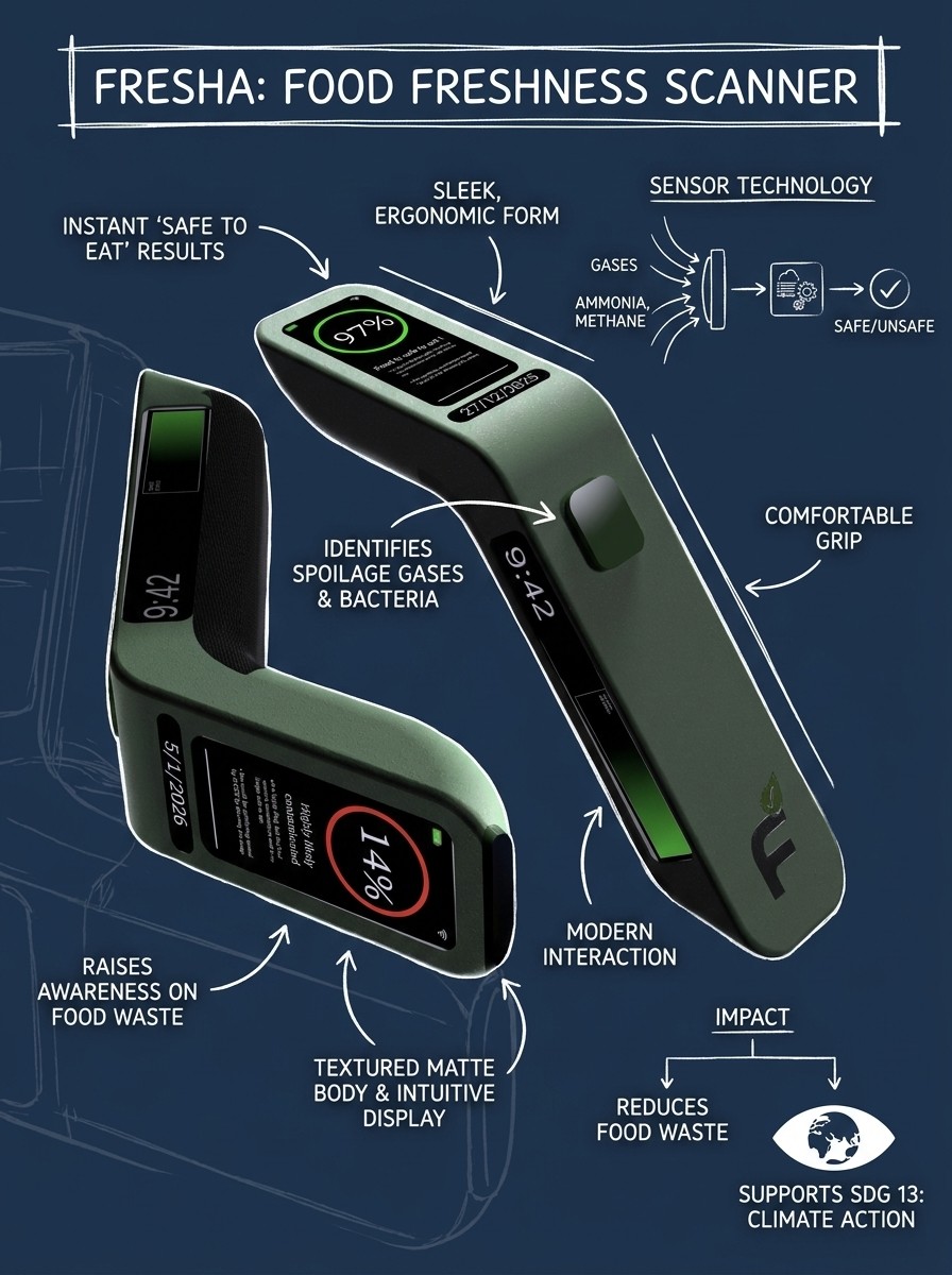 Fresha device features: sensor technology, ergonomic form, textured matte body, instant safe-to-eat results