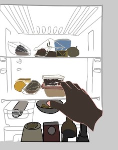 Reaching for leftovers in the fridge