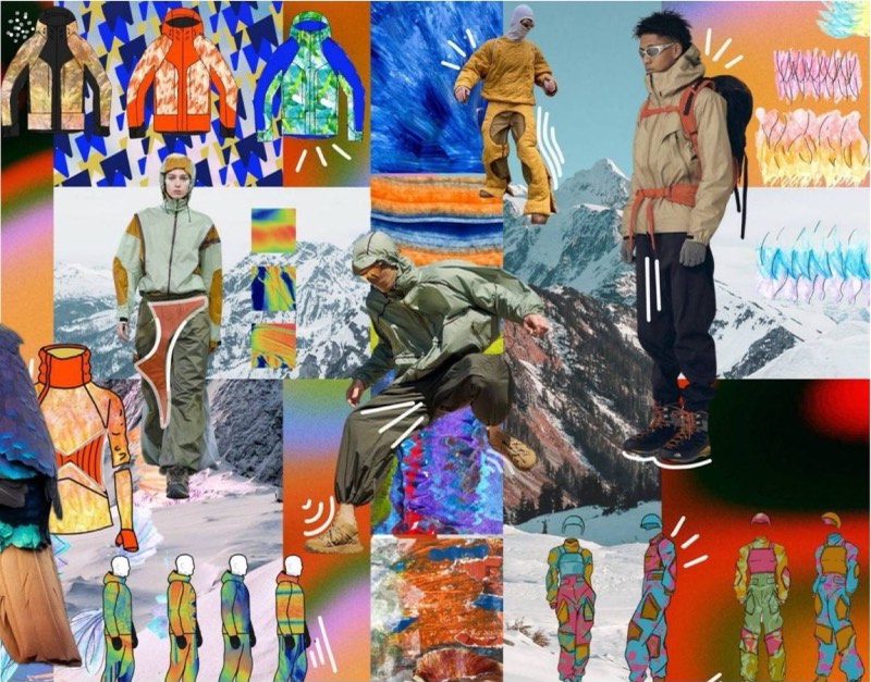 Anatude moodboard of climbing outerwear, mountains and gradient prints