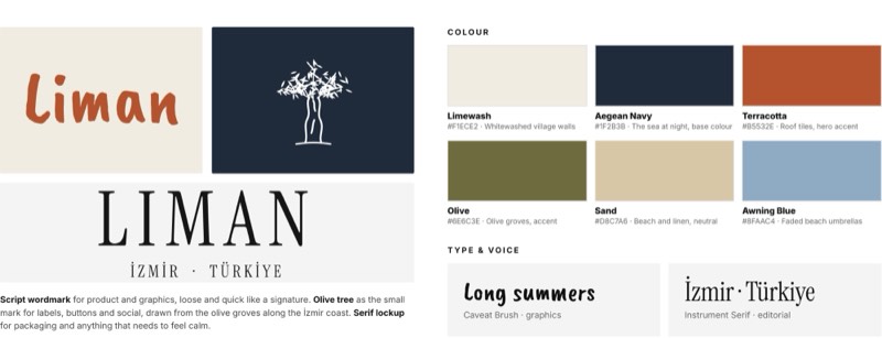 Liman identity board: script wordmark, olive-tree mark on navy, serif LIMAN lockup, colour palette and type specimens