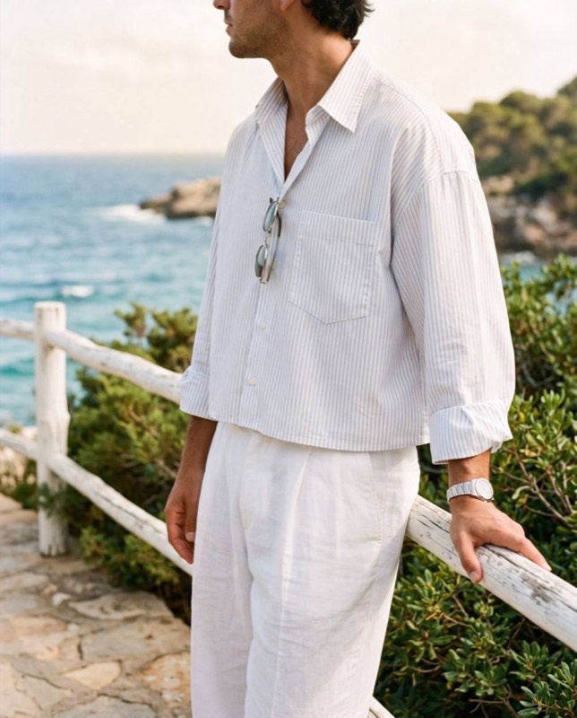 Awning Stripe Shirt with white trousers against the sea
