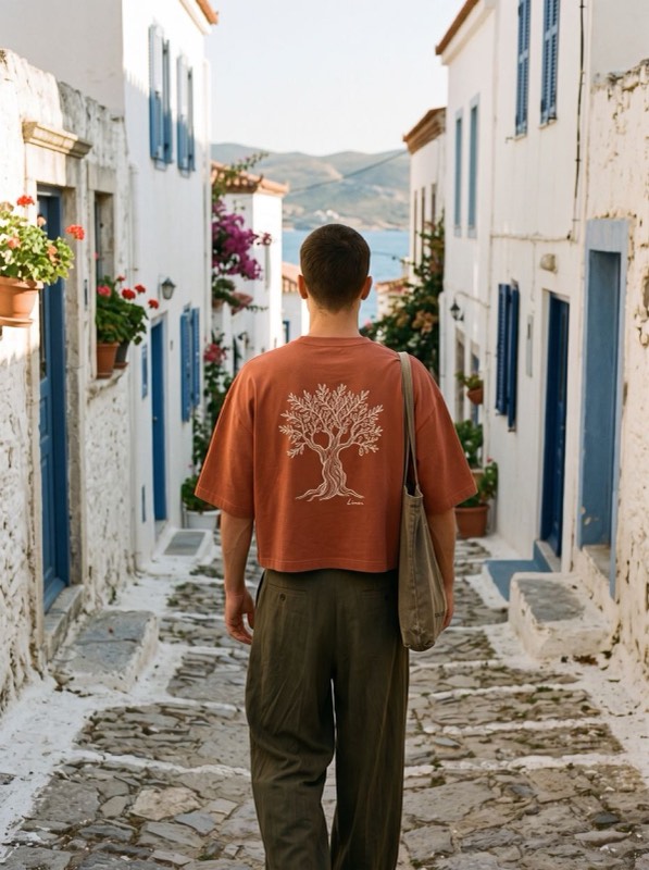 Terracotta Liman crop tee with olive-tree back print, worn on a whitewashed street