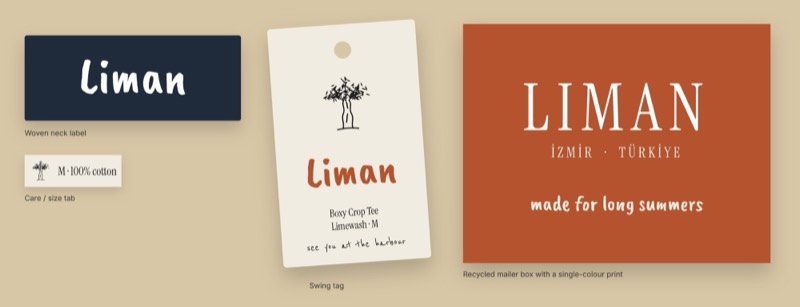 Liman woven neck label, care tab, swing tag and terracotta mailer box