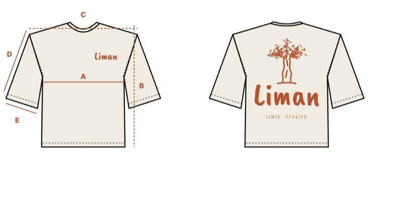 Technical flats of the Boxy Crop Tee: front with measurement points A to E, and back with the hand-drawn olive-tree print