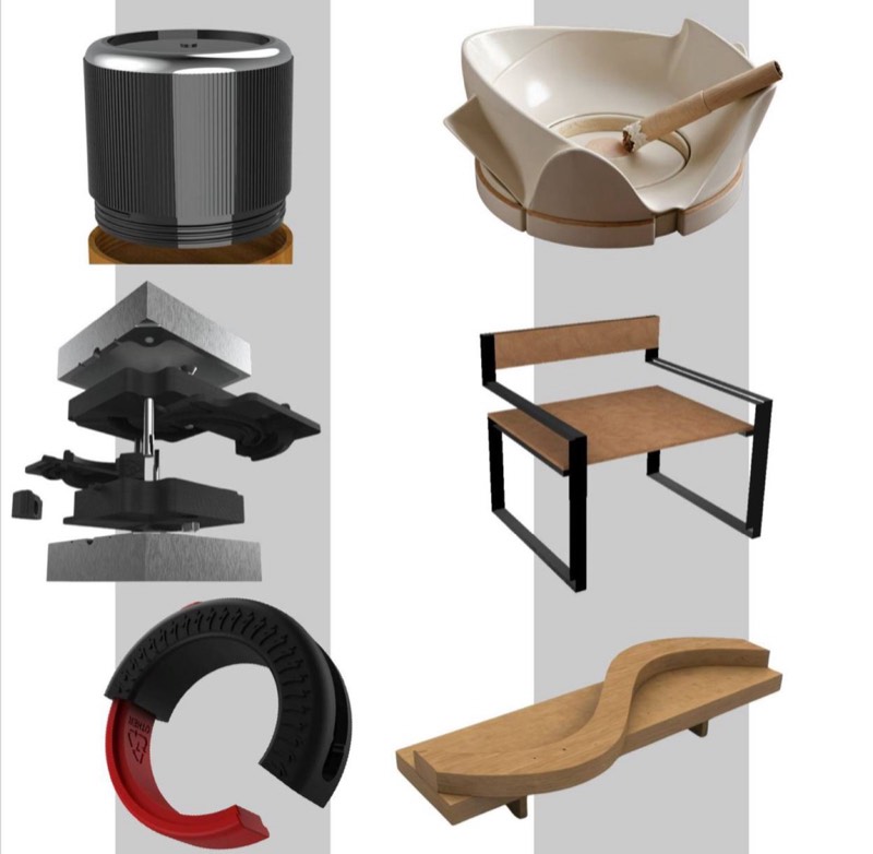 Rhino form studies, a bench and a sculpted timber seat