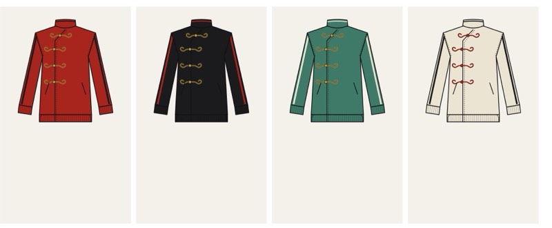 The pankou jacket in four colourways: Lacquer Red, Ink Black, Jade and Rice Paper