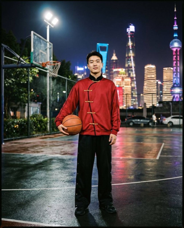 Player in the red pankou warm-up jacket on a floodlit Shanghai court at night