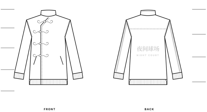 Front and back technical flats of the pankou warm-up jacket, with the 夜间球场 / NIGHT COURT back graphic