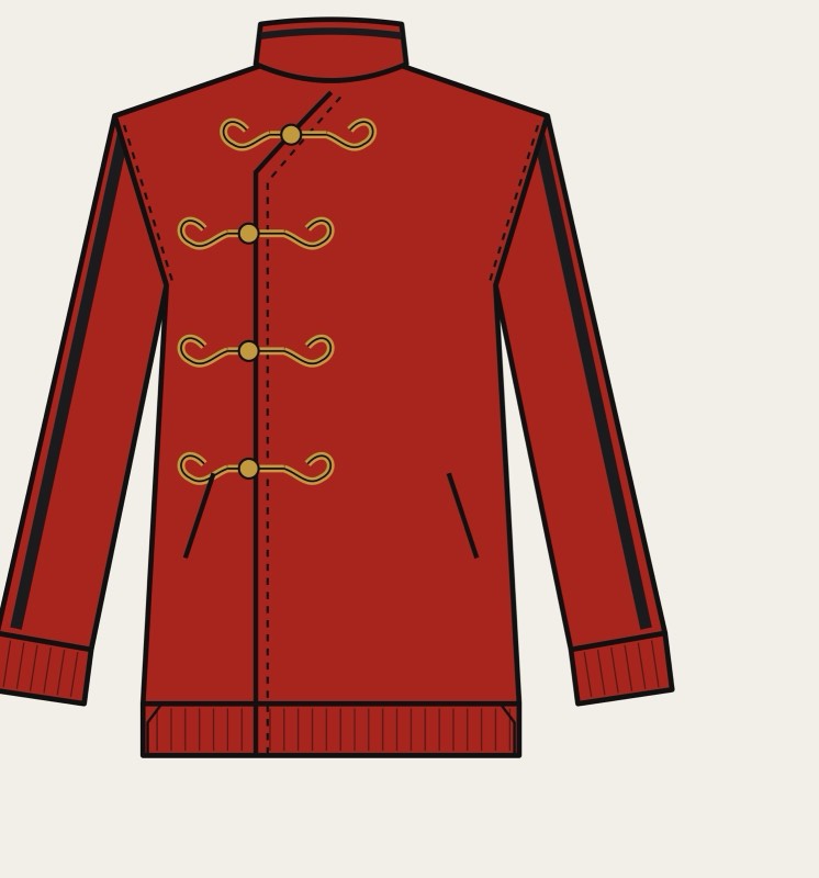 Illustration of the lacquer-red pankou warm-up jacket with gold knot closures